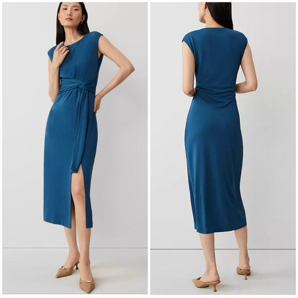 Ann Taylor Petite Knit Belted Column Maxi Dress Deep Teal 10P - Picture 1 of 11